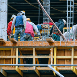 A diverse team of construction workers collaborating on-site, showcasing teamwork.