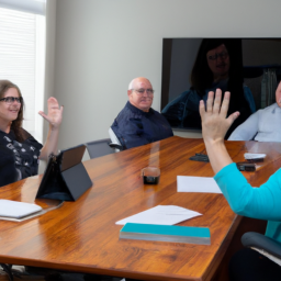 A diverse team using video conferencing technology to communicate with a client.