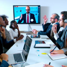 A diverse team using video conferencing tools to communicate with a remote client.