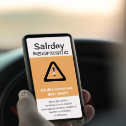 A driver receiving a safety alert on a mobile device, indicating a sudden braking event.