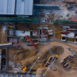 A drone capturing a high-angle view of a construction site.