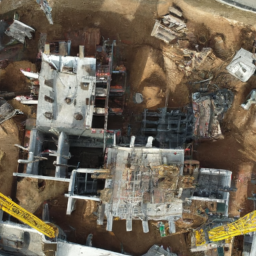 A drone capturing aerial footage of a large construction project, showcasing the site