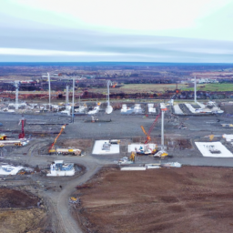 A drone capturing aerial footage of a large-scale construction project.