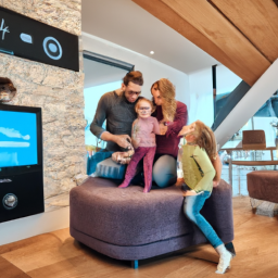 A family enjoying a smart home system in a modern living room.