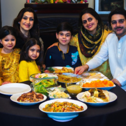 A family gathering around a table filled with a variety of Pakistani dishes.