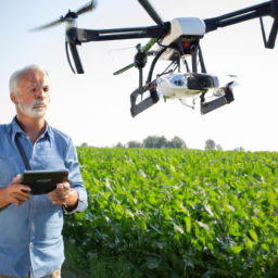 A farmer using a drone to survey crops, symbolizing AI
