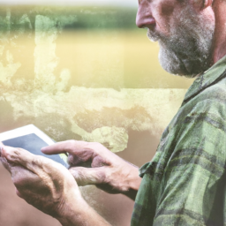 A farmer using a GPS-enabled tablet in a field.