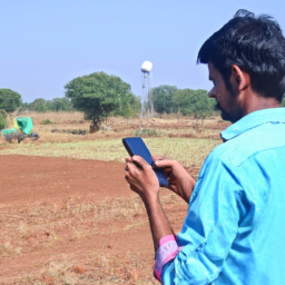 A field worker using a mobile device to input data in a remote location.