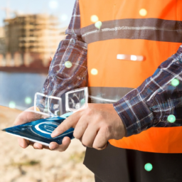 A field worker using a tablet to access field management software in a construction site.