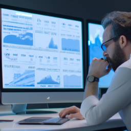 A financial analyst reviewing a detailed budget forecast on a computer screen.