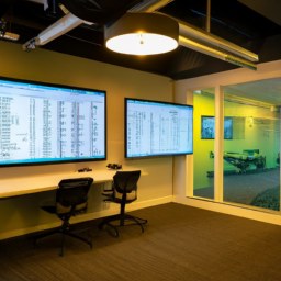 A futuristic office environment showcasing AI-driven project management software.