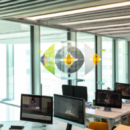 A futuristic office environment with AI interfaces used for project estimation.