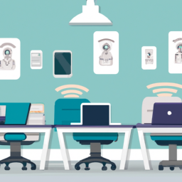 A futuristic office environment with AI-powered devices performing automated tasks.