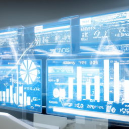 A futuristic office with AI-driven analytics tools for cost management.