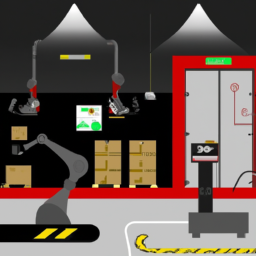 A futuristic warehouse with automated equipment tracking systems.