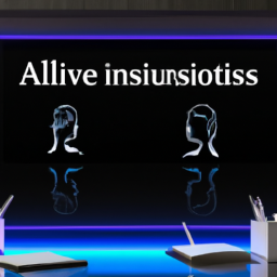 A futuristic workspace with AI holograms assisting in writing.