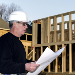 A general contractor reviewing architectural plans on a construction site.
