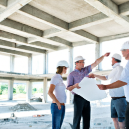 A general contractor reviewing blueprints with a team on a construction site.