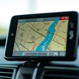 A GPS device installed in a vehicle, displaying a real-time map with the vehicle