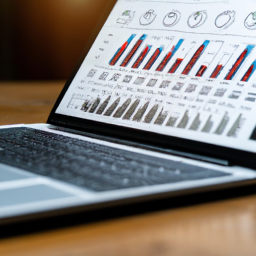A graph and chart on a laptop screen, showing data analytics used in a proposal.