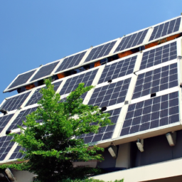 A green building constructed with sustainable materials, featuring solar panels.