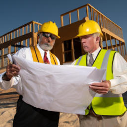 A group of contractors discussing plans at a construction site.
