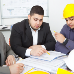 A group of contractors discussing the implementation of SMS automation in their workflow.