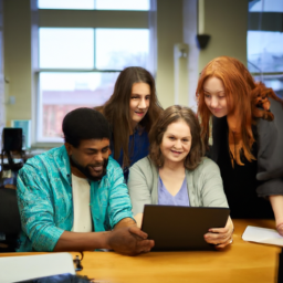 A group of professionals collaborating on a project using digital tools.