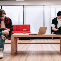 A group of students collaborating in a modern study space filled with natural light and innovative design elements.