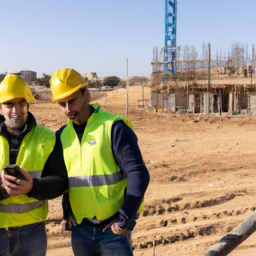 A group of workers on a construction site, each using a smartphone to communicate and coordinate tasks.