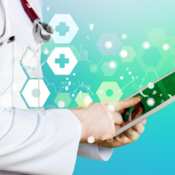 A healthcare professional analyzing data on a digital tablet, representing AI