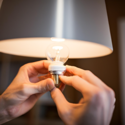 A homeowner replacing a standard light bulb with an energy-efficient LED bulb.