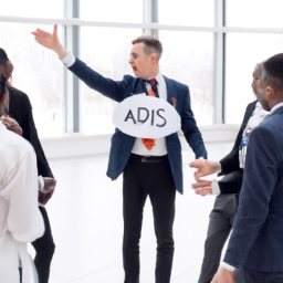A leader addressing a team of crew members, using visual aids to enhance communication.