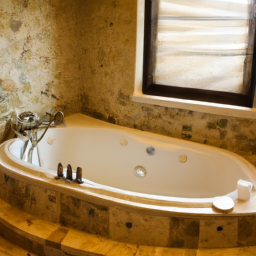 A luxurious bathroom with a freestanding tub and natural materials.