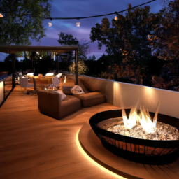 A modern deck with a built-in fire pit and cozy seating area.
