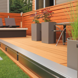 A modern deck with composite decking, featuring built-in seating and planters.