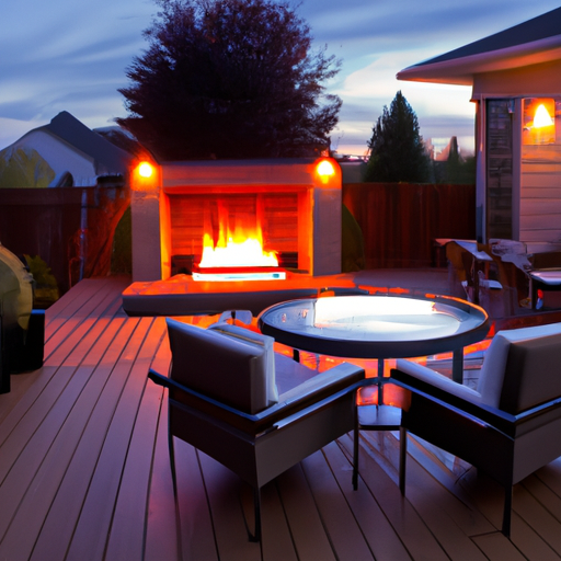 A modern deck with sleek furniture and a fire pit.