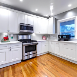 A modern kitchen renovation with sleek cabinetry and energy-efficient appliances.