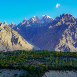 A panoramic view of the Karakoram Range with snow-capped peaks under a clear blue sky.