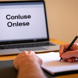 A person studying online with a laptop and notepad.