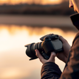 A photographer adjusting the settings on a DSLR camera during a golden hour shoot.