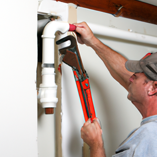 A plumber using a pipe wrench to tighten a pipe joint inside a wall.