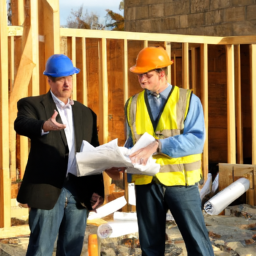 A project manager and contractor discussing a punch list on-site.