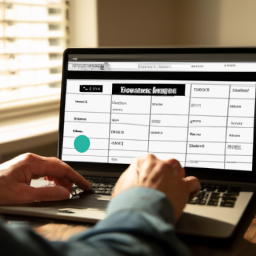A project manager checking a contractor scheduling app on a laptop.
