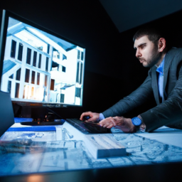 A project manager reviewing 3D building models on a computer screen.