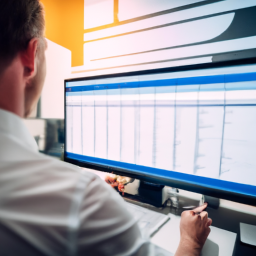 A project manager reviewing a Gantt chart on a large monitor in a modern office setting.