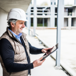 A project manager reviewing construction plans with a digital tablet on site.