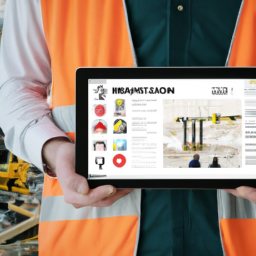 A project manager using a builder management system on a tablet at a construction site.
