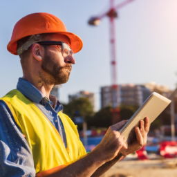 A project manager using a construction management app on a tablet.