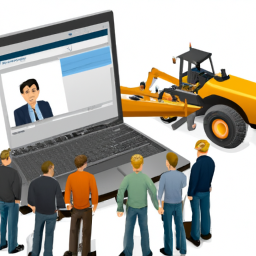 A project manager using a construction management software on a laptop at a construction site.